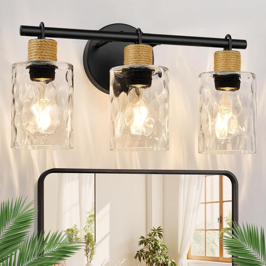 2025 Upgrade 3-Light Bathroom Light Fixtures, Coastal Vanity Lights with Crystal Glass Shade, Black Bathroom Wall Lamp for Mirror Kitchen Hallway Cabinet